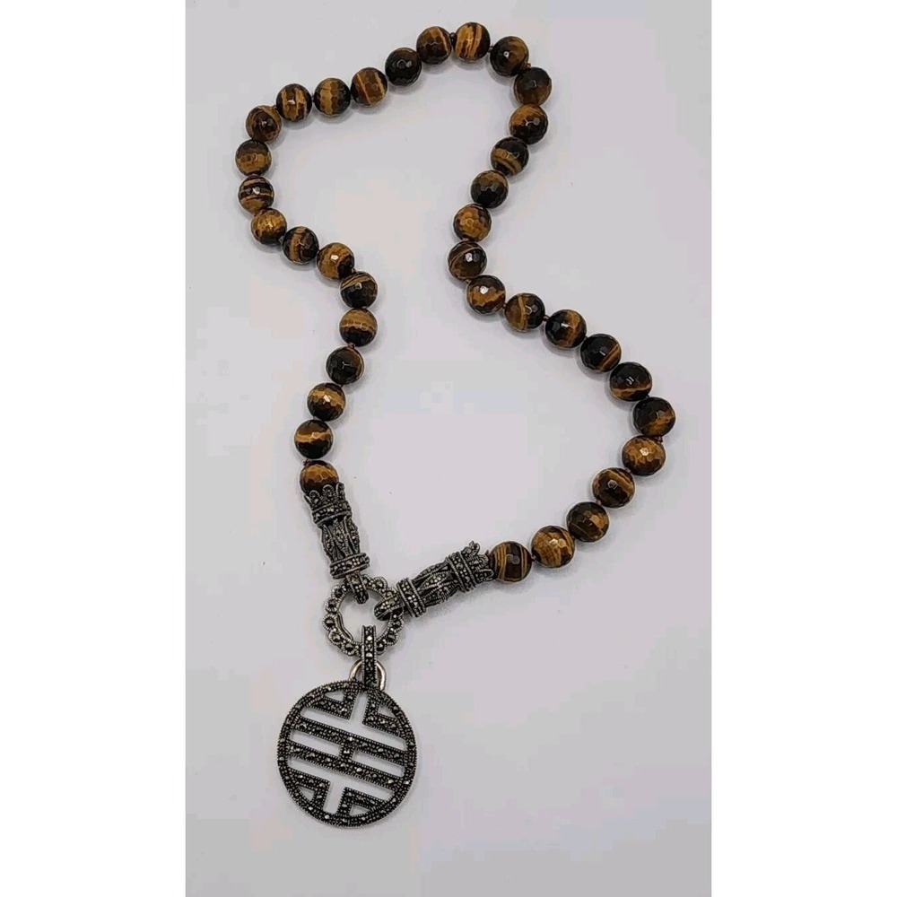 Tigers Eye Marcasite Convertible Bead Necklace Vintage Asian Inspired Charm Boho